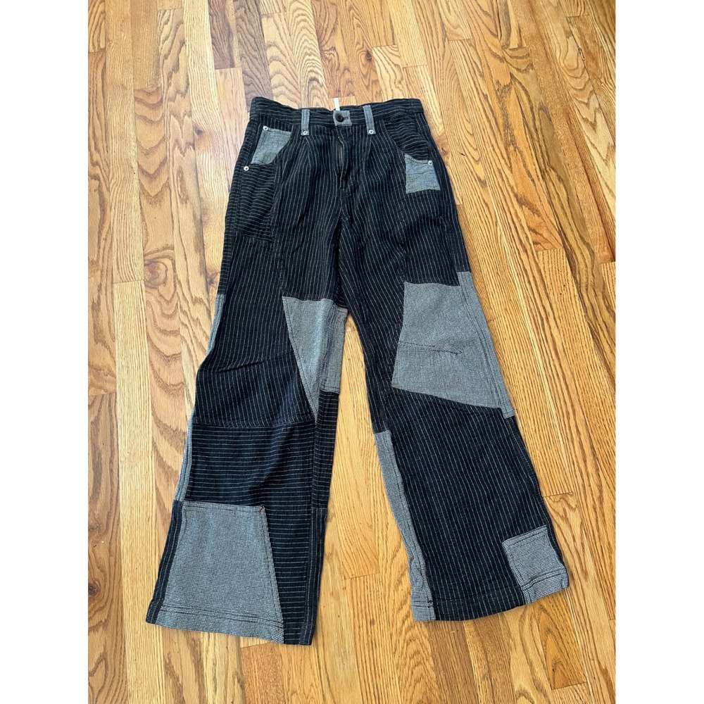 Free People Patchwork Wide Leg Pants Pinstripe Houndstooth Black Gray Size 4